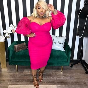 Hot Pink Ruched Off the Shoulder Organza Puff Sleeve Dress Size 3X